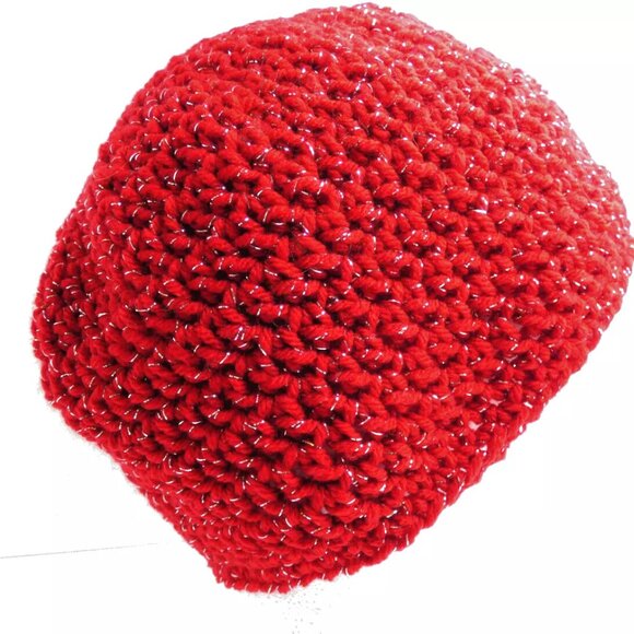 Red Beanie Skull Cap Gold Men Women Winter Hat Handmade Crochet Hand Knit OS - Picture 5 of 8